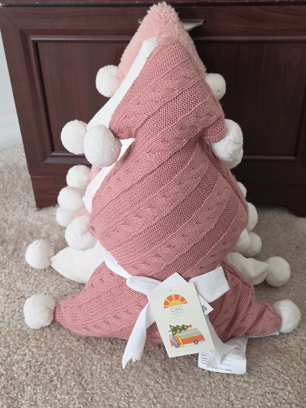 C&C California Pink Knit Pom Pom Holiday Tree Pillow